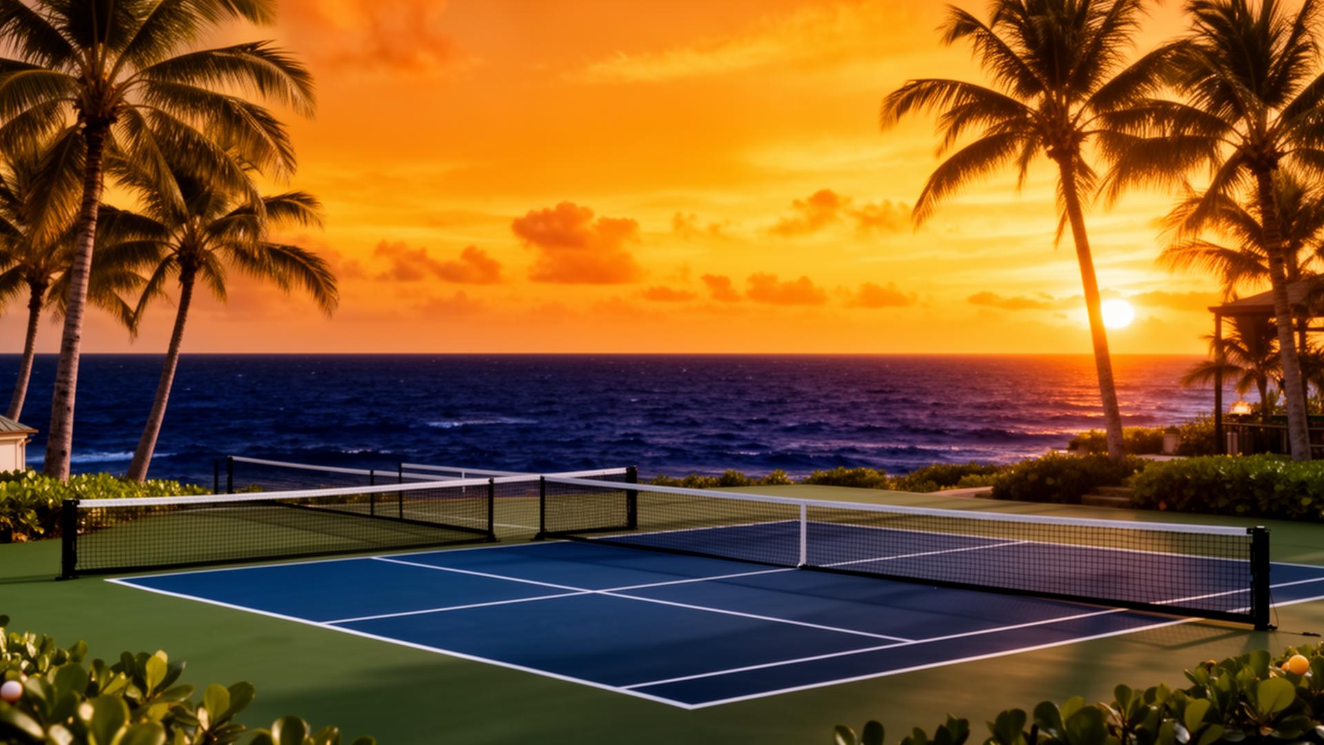 Tropical pickleball court at sunset